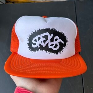 Vintage 1980's Orange White Trucker Hat Mesh Snapback Adjustable Retro‎ Style